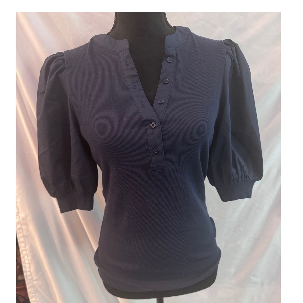 Market & Spruce Navy Blue Ribbed Henley Puff Sleeve Top Navy Blue Medium NWT